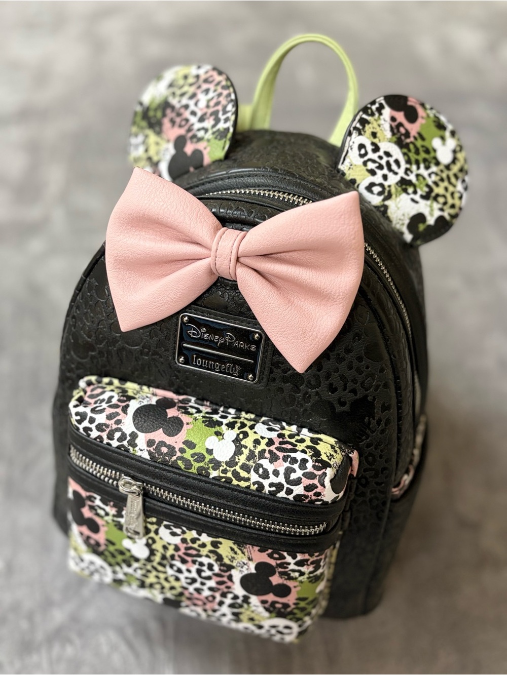 Black Leopard Minnie Ear Mini Backpack with Pink Bow